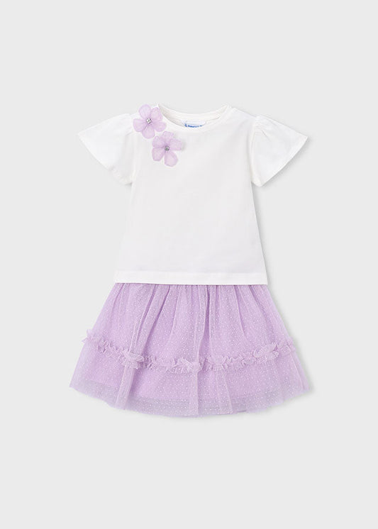 Mayoral girls ivory flower top and lilac tulle skirt set, front
