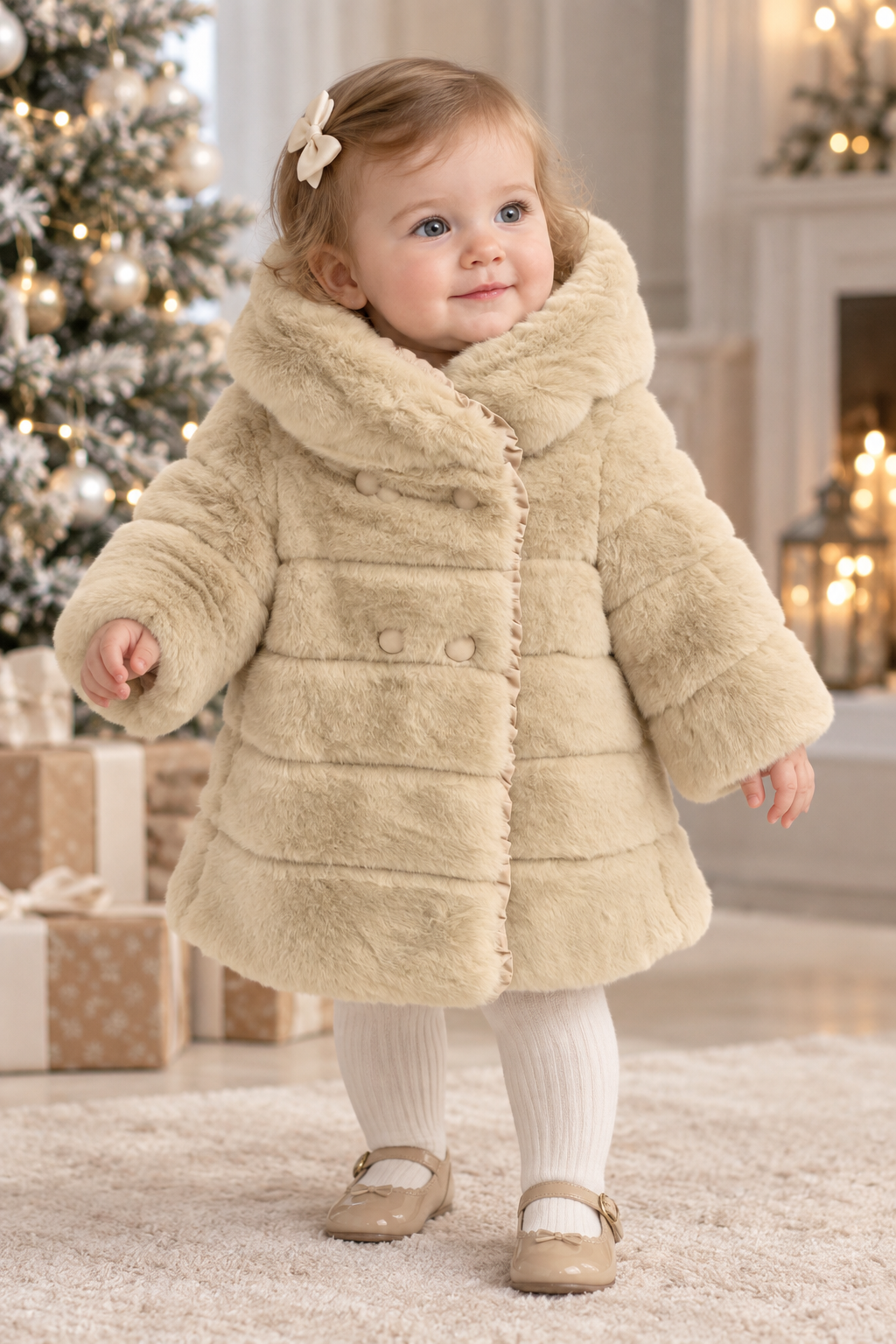 MIRANDA beige girls faux fur coat on 12 month old baby girl in a winter setting