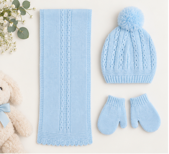 MIRANDA blue boys knitted hat scarf and mittens set flat lay