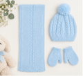 MIRANDA blue boys knitted hat scarf and mittens set flat lay