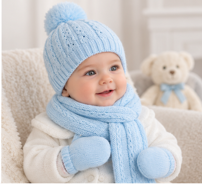 Baby wearing MIRANDA blue knitted hat scarf and mittens set