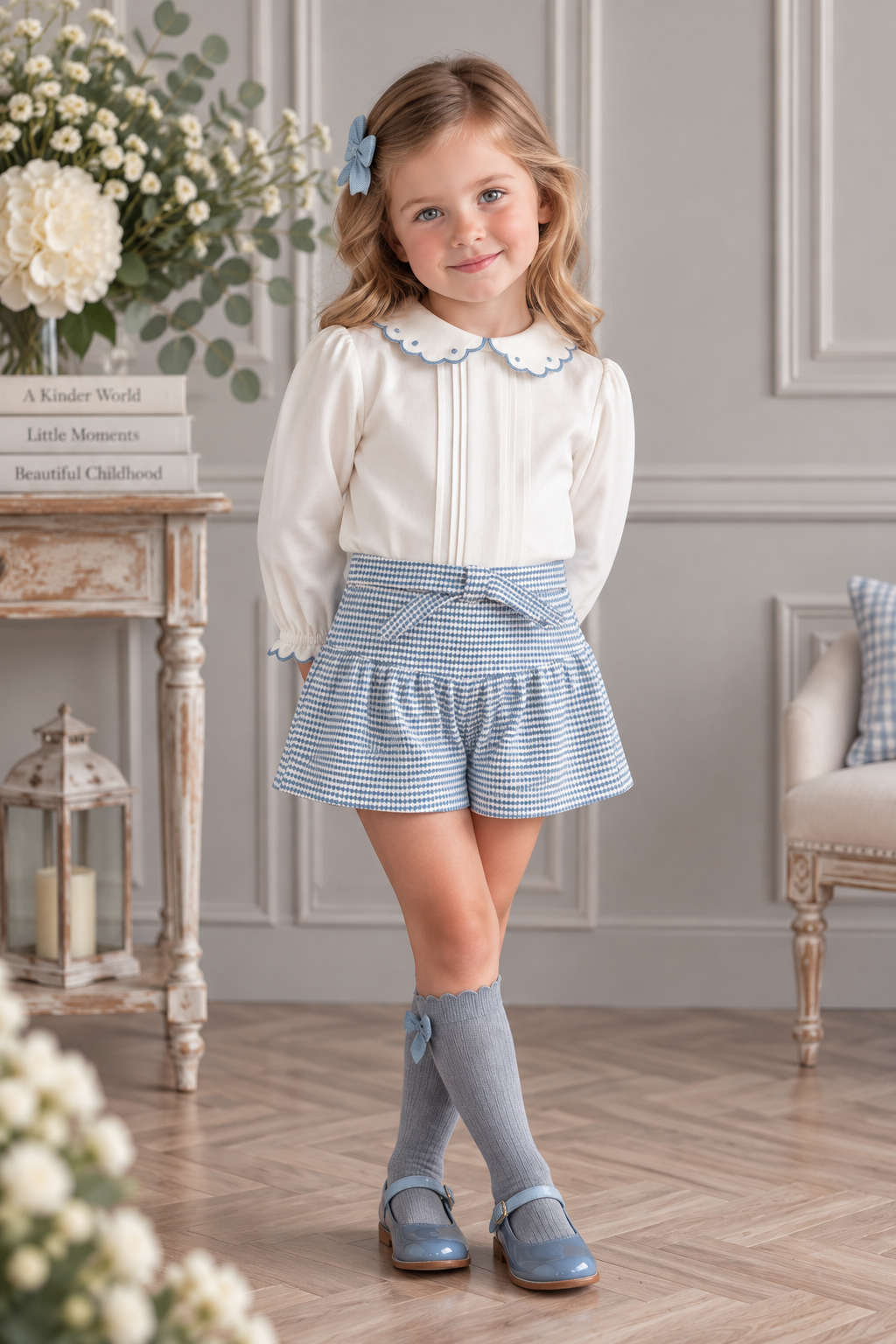 Girl wearing Miranda blue check short set with cream scalloped collar blouse