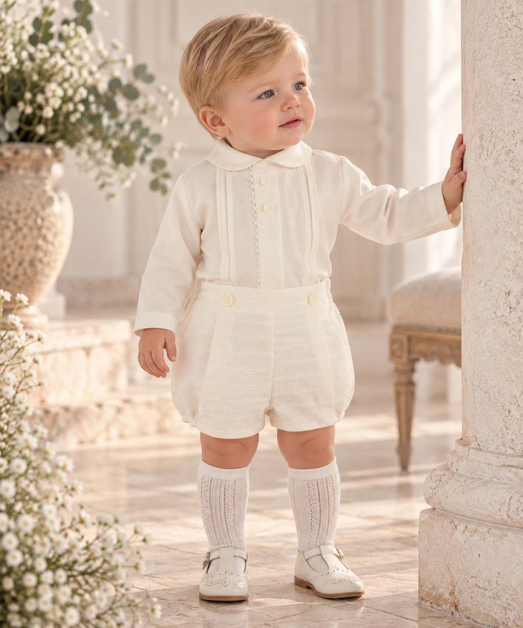 Miranda Ceremonia boys cream short set Spanish occasionwear lifestyle image