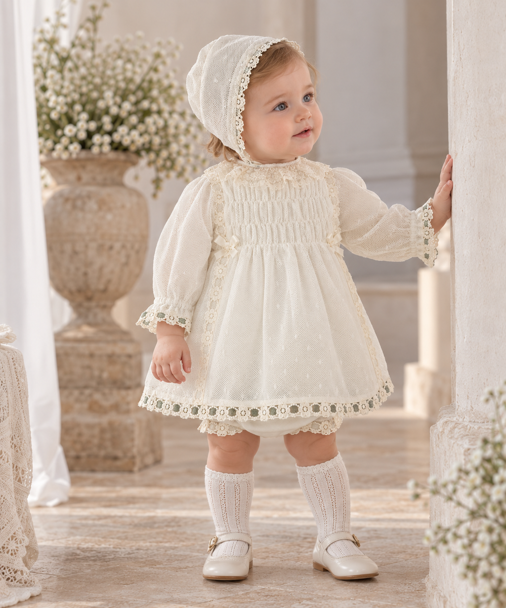 Baby girl wearing Miranda Ceremonia cream dress and delicate bonnet in Spanish style