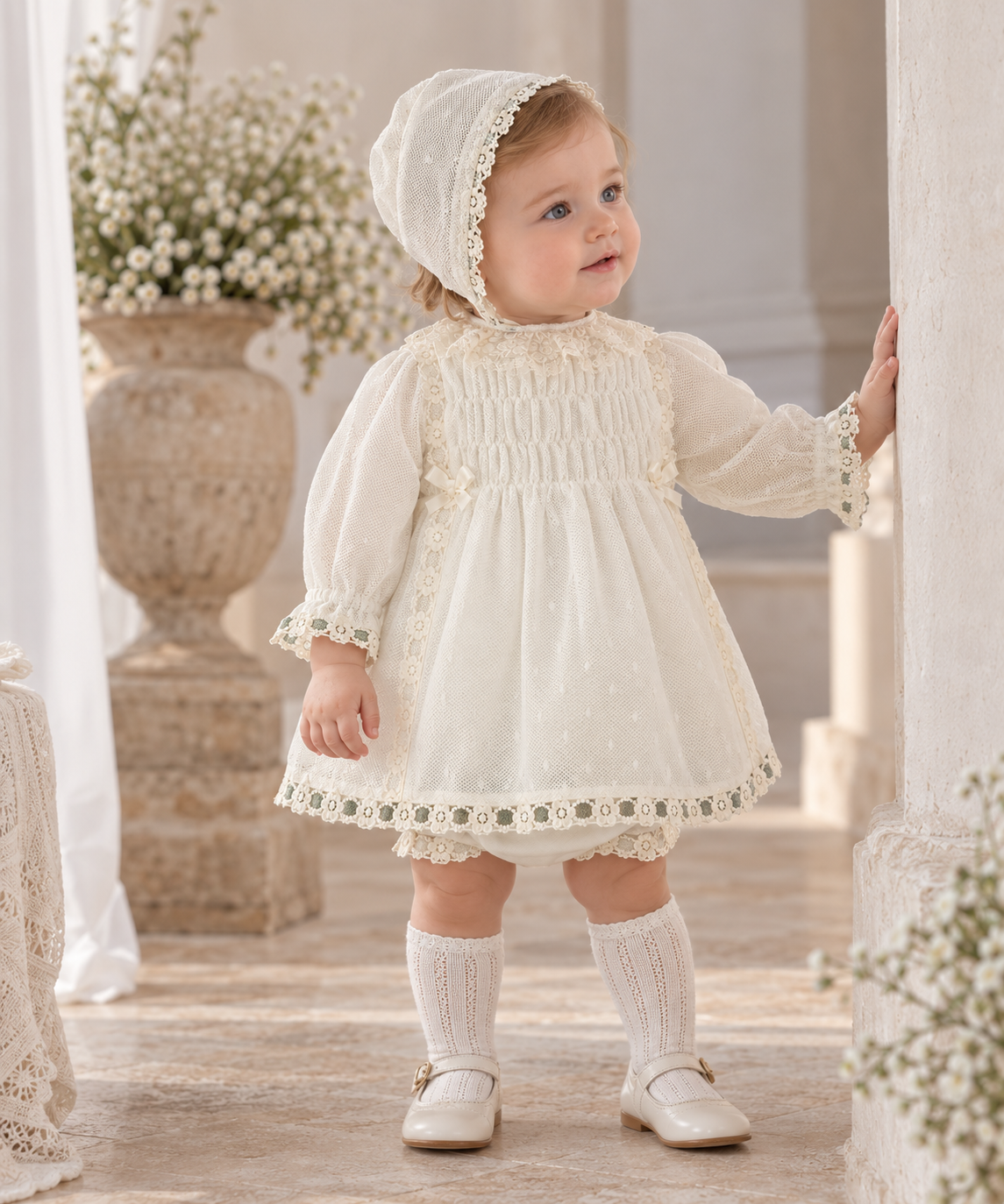 Baby girl wearing Miranda Ceremonia cream dress and delicate bonnet in Spanish style