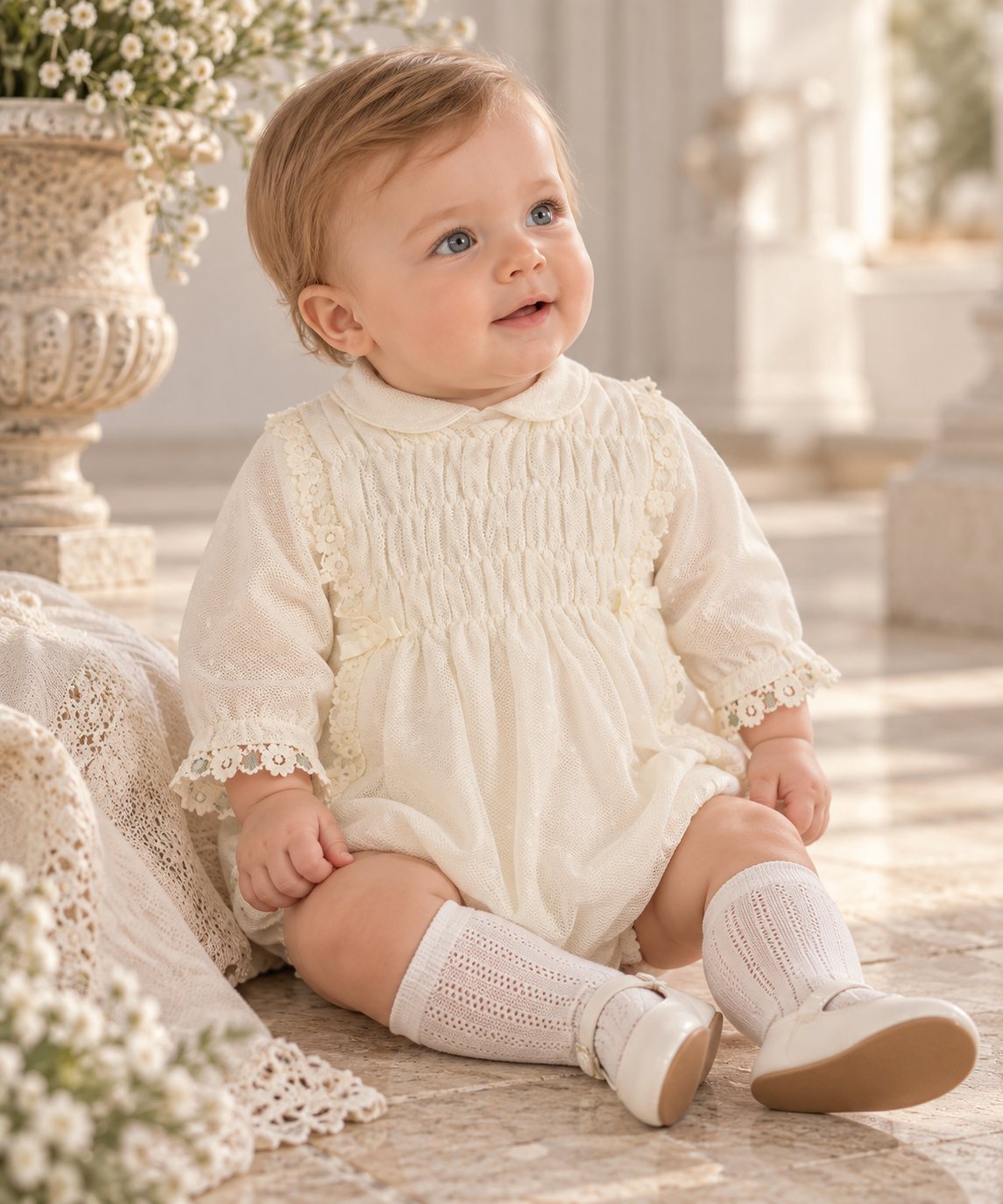 Miranda Ceremonia cream unisex baby romper Spanish christening occasionwear lifestyle image