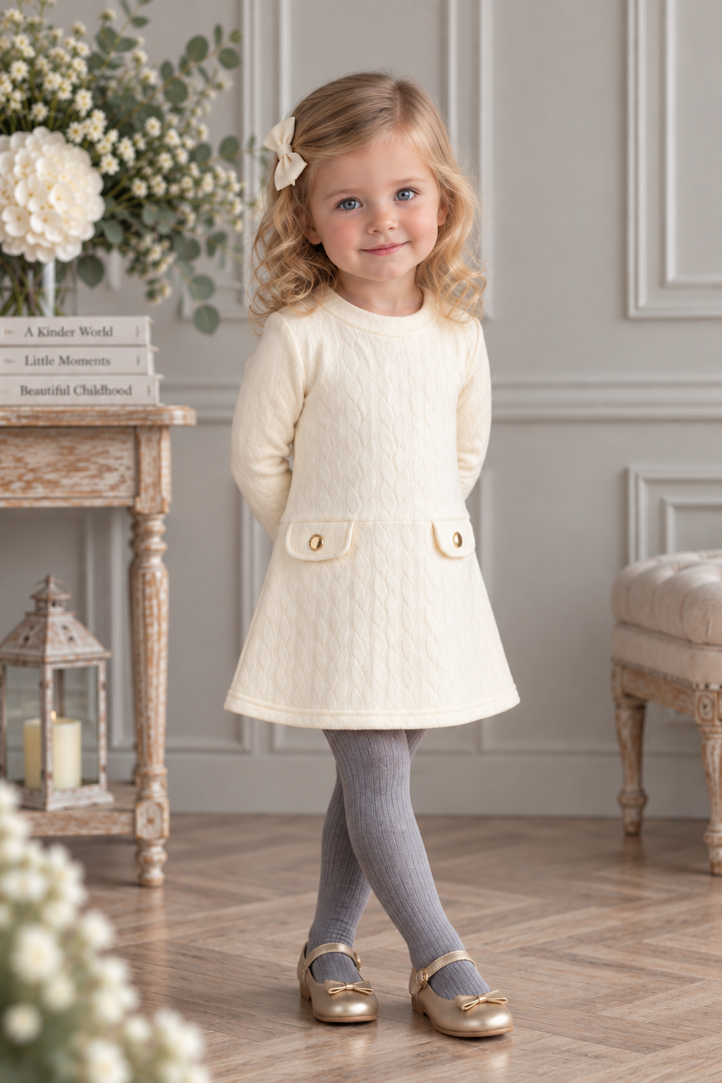 Toddler girl wearing Miranda cream cable knit A-line dress with gold button pocket details