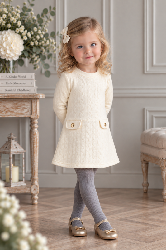 Toddler girl wearing Miranda cream cable knit A-line dress with gold button pocket details