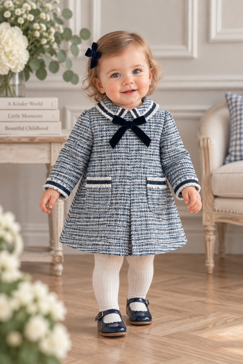 Baby girl wearing Miranda navy tweed A-line dress with velvet bow and trimmed pockets
