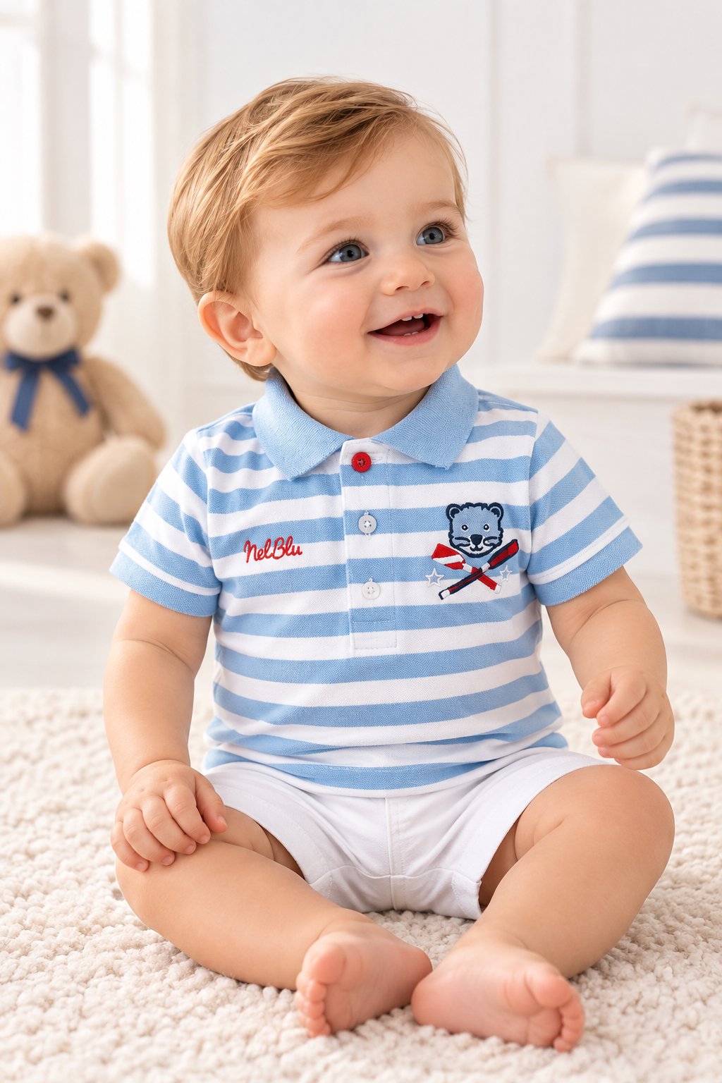 Baby boy wearing Miranda Nel Blu blue and white stripe polo shirt