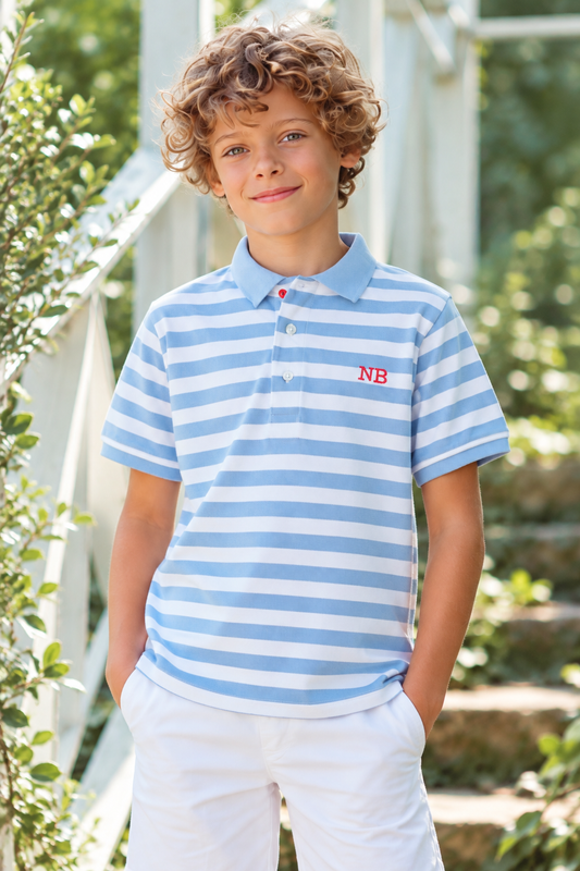 Miranda Nel Blu blue and white stripe boys polo shirt worn with white shorts
