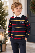 Boy wearing Miranda Nel Blu navy striped long sleeve polo shirt
