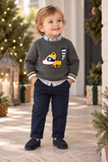 Toddler wearing Miranda Nel Blu navy and grey three piece trouser set