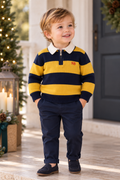 Toddler boy wearing Miranda Nel Blu navy and mustard striped knitted polo top
