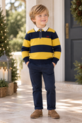 Boy wearing Miranda Nel Blu navy and mustard knitted stripe polo top