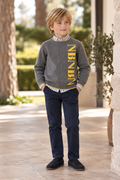 Boy wearing Miranda Nel Blue navy and grey three piece trouser set