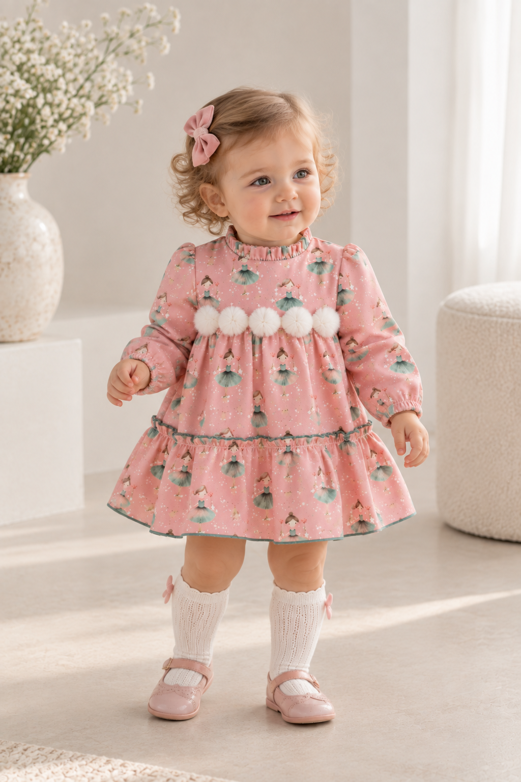 12 month old girl wearing Miranda pink ballerina print dress with white pom pom trim