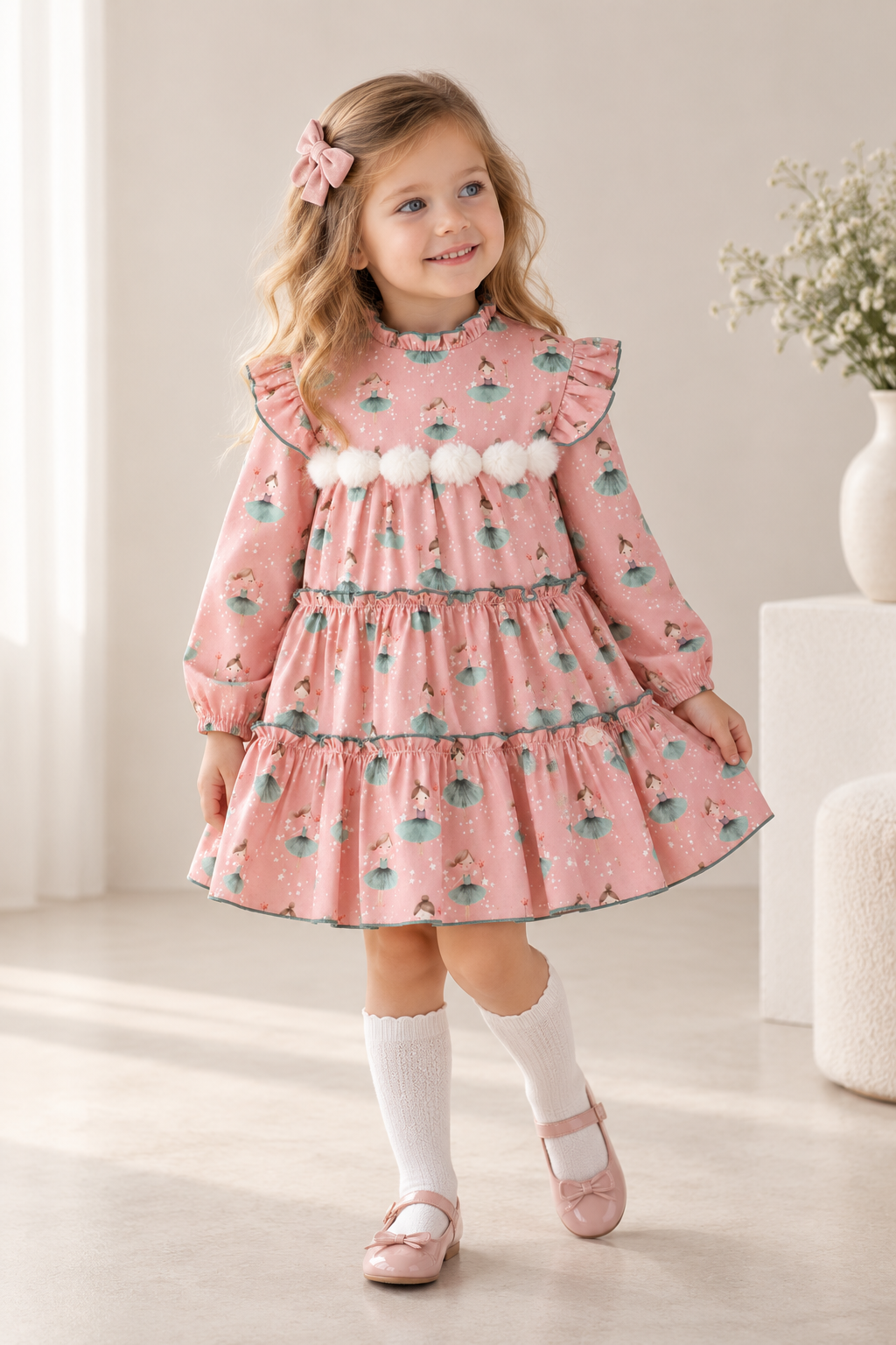 Girl wearing Miranda pink ballerina print tiered dress with white pom pom trim