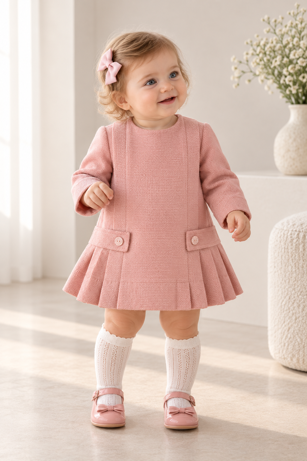 Baby girl wearing Miranda pink A-line dress with pleated hem