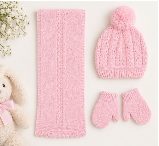 MIRANDA pink girls knitted hat scarf and mittens set flat lay