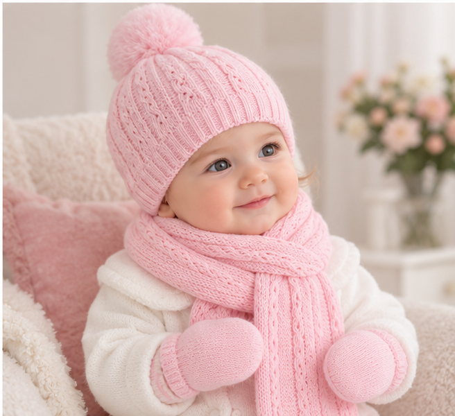 Baby girl wearing MIRANDA pink knitted hat scarf and mittens set