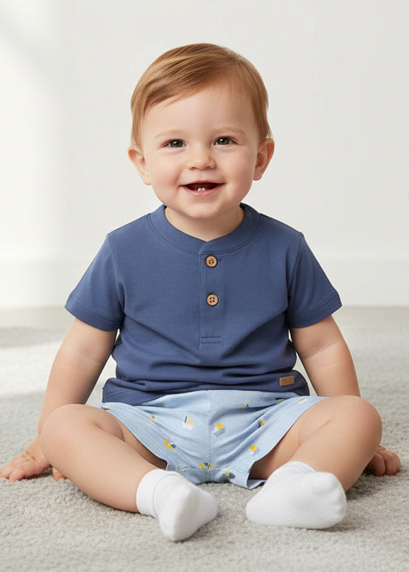 Navy button-up top and sailboat print shorts on a baby boy