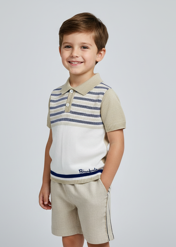 Navy, white and beige striped knitted top and shorts on a little boy