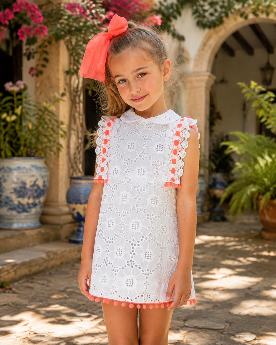 Naxos Neon girls white and orange A-line dress detail view