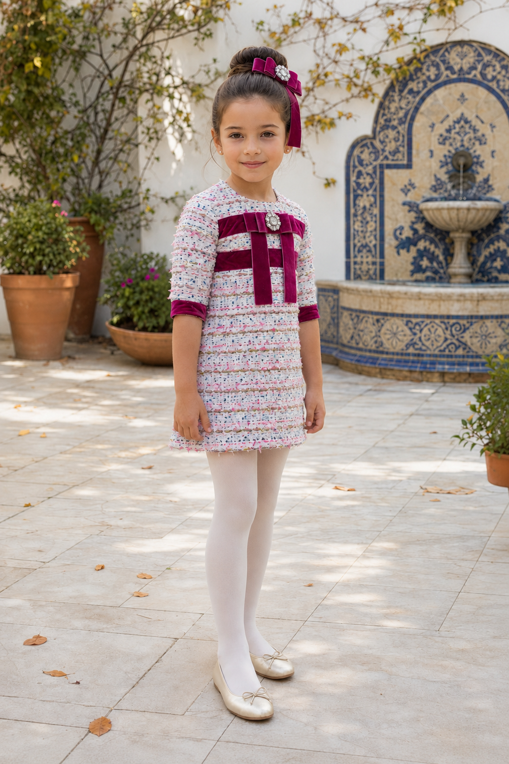 Girl wearing the Naxos purple tweed A-line dress, angled full-length view