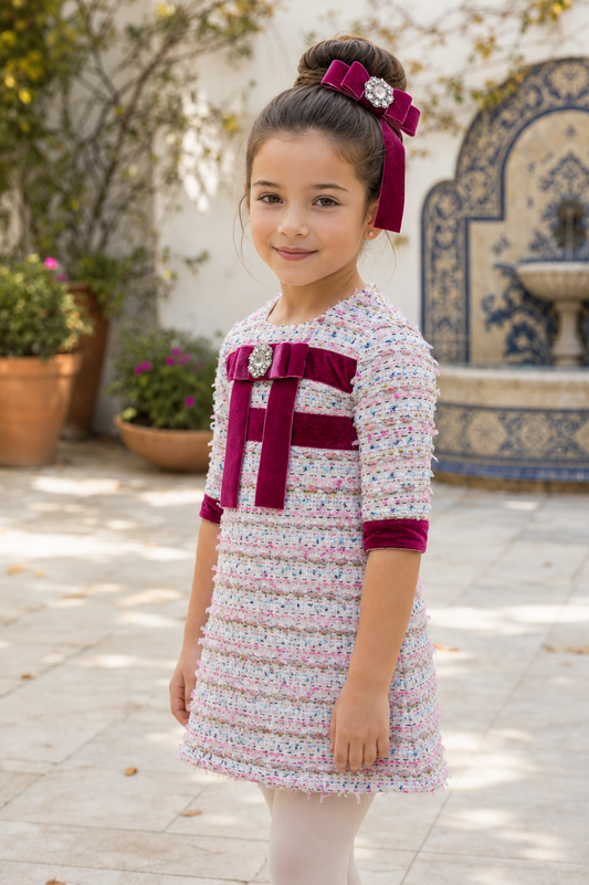 Close-up of the Naxos purple tweed A-line dress with velvet bow and jewelled trim