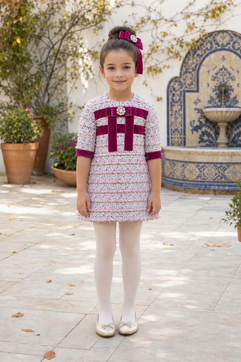Girl wearing the Naxos purple tweed A-line dress, front view