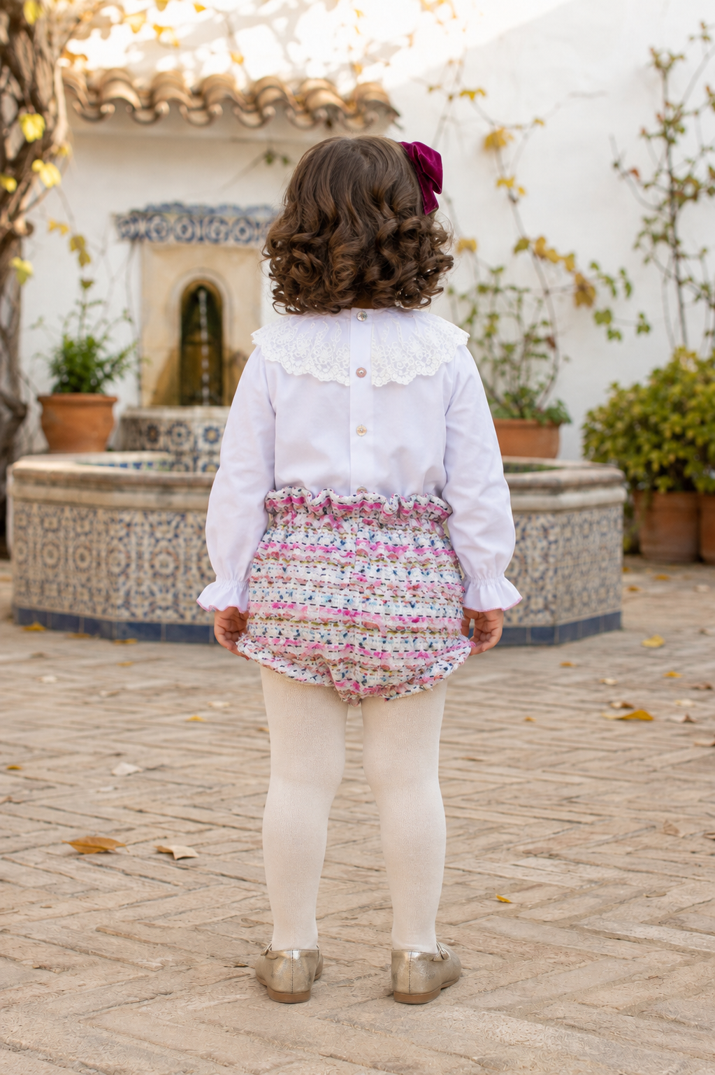 Back view of the Naxos purple tweed jam pant set