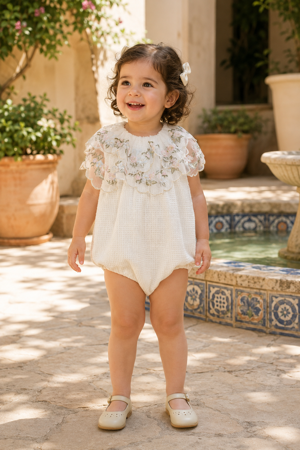 Little girl wearing the Naxos Salvia cream tweed floral embroidered romper in a sunny Spanish courtyard