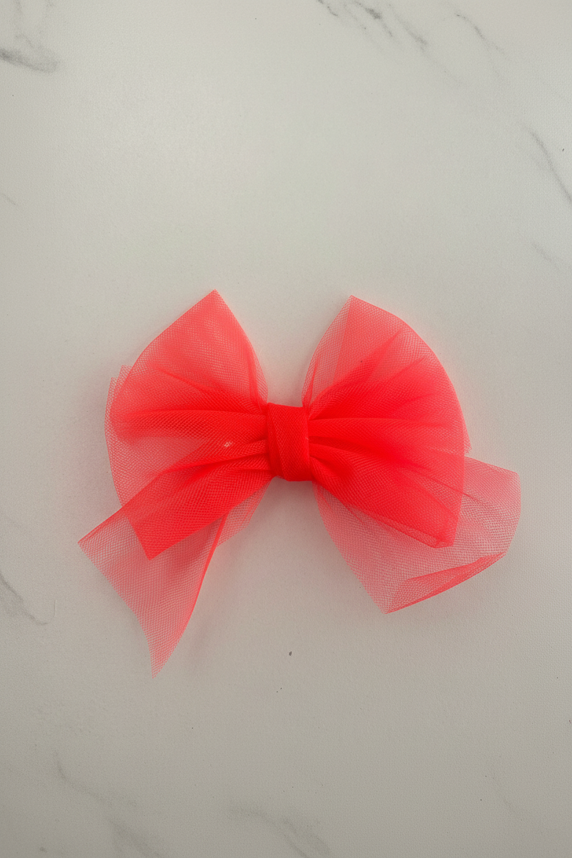 Neon Orange Tulle Hair Bow Flat Lay