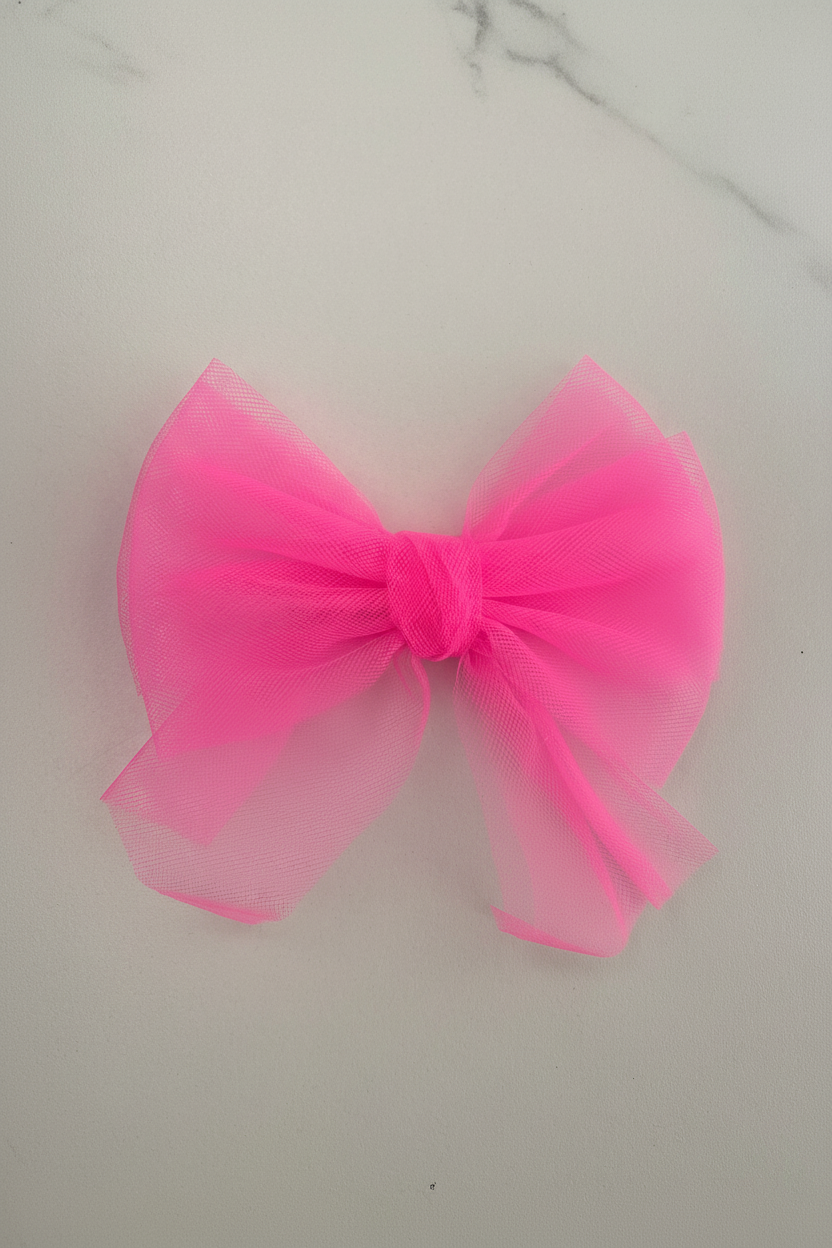 Neon Pink Tulle Hair Bow Flat Lay