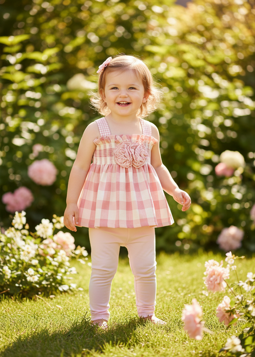 Pink Gingham Set on Toddler Girl - Sunny Outdoor Setting