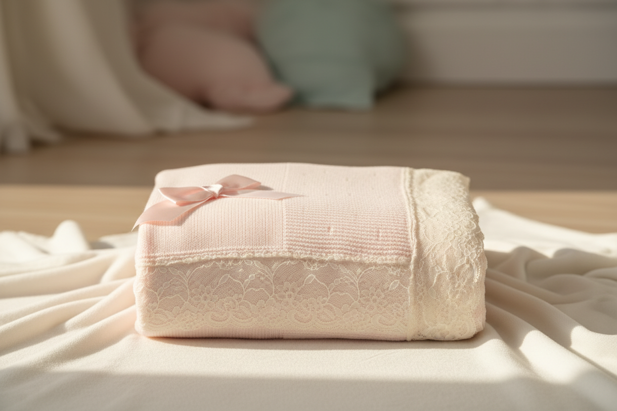 Pink knit baby blanket with cream lace trim