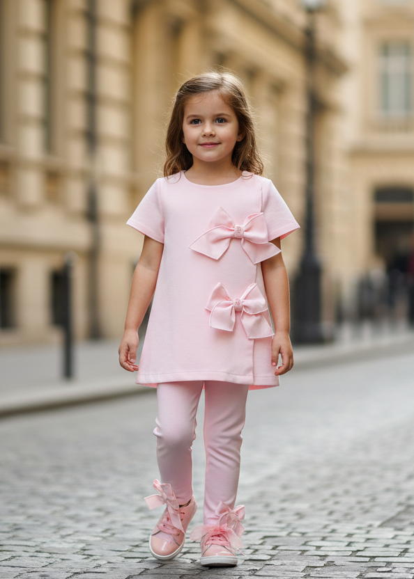 Pink top and leggings on a little girl in city setting