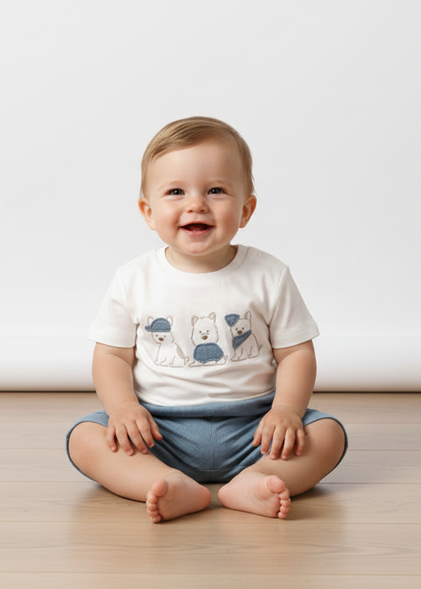 Puppy dog t-shirt and blue textured shorts on a baby boy