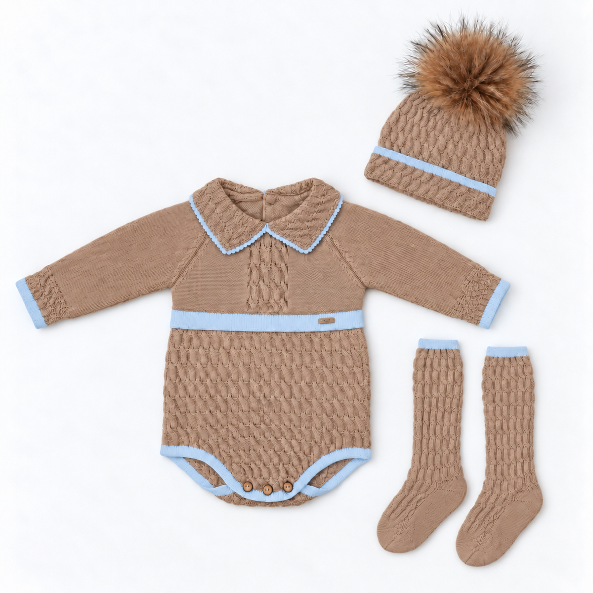 Rahigo boys camel and powder baby blue knitted romper, pom pom hat and knee-high socks complete set flat lay