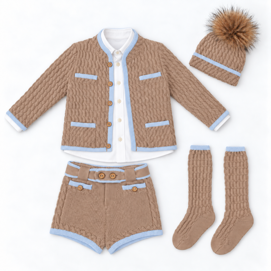 Rahigo boys camel and powder baby blue five-piece knitted short set with shirt, cardigan, pom pom hat and knee-high socks flat lay