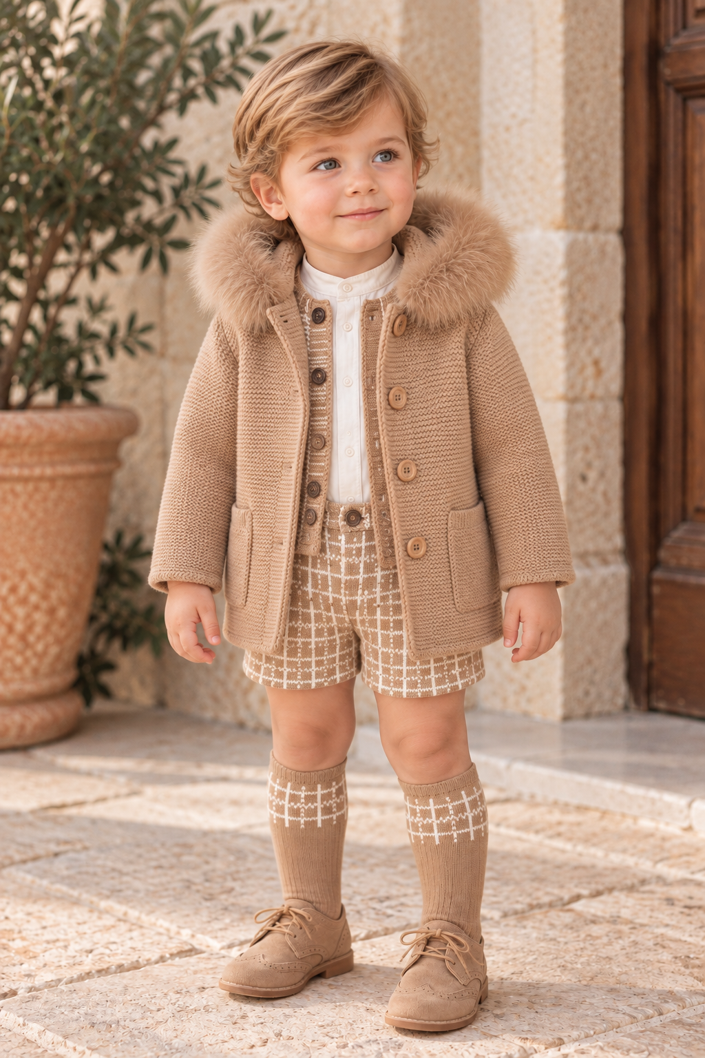 Boy wearing Rahigo camel knitted coat with fur-trimmed hood, camel and cream shorts and matching knee-high socks
