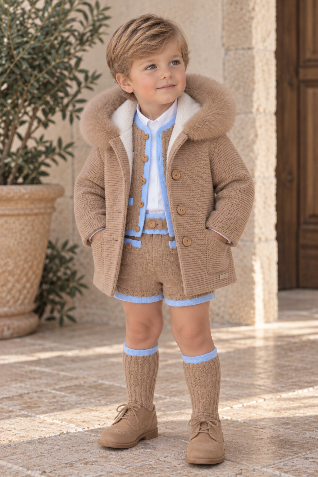Boy wearing Rahigo camel lined knitted coat with matching camel and blue outfit