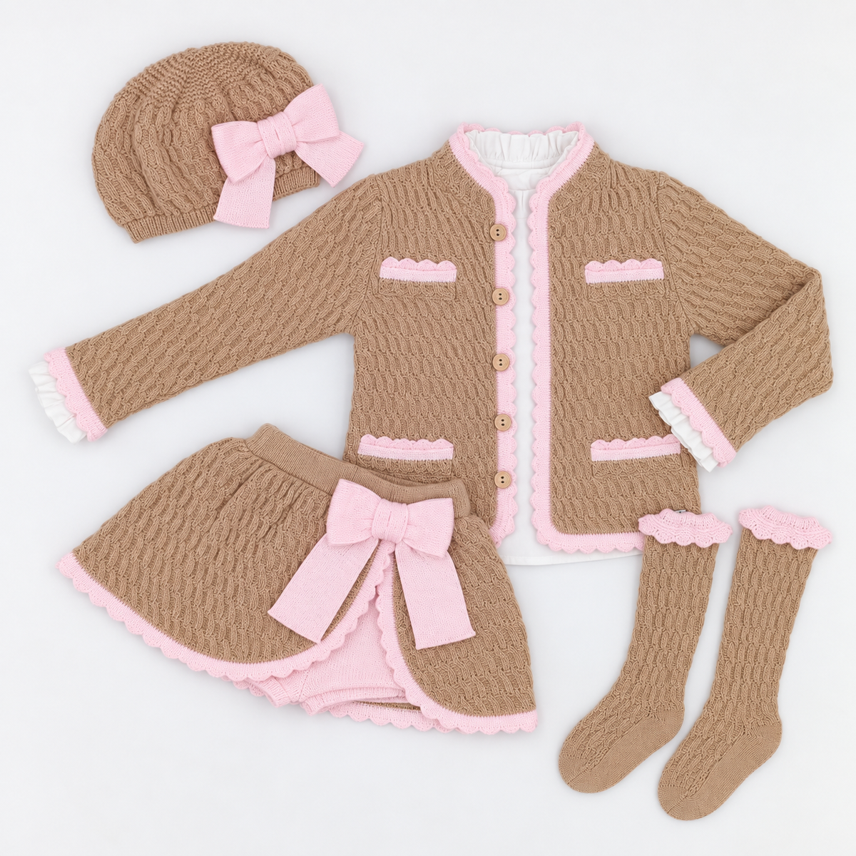Rahigo girls camel and baby pink five-piece skort set with blouse, cardigan, beret and knee-high socks