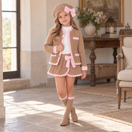 Older girl wearing the Rahigo camel and baby pink skort set with matching beret and knee-high socks