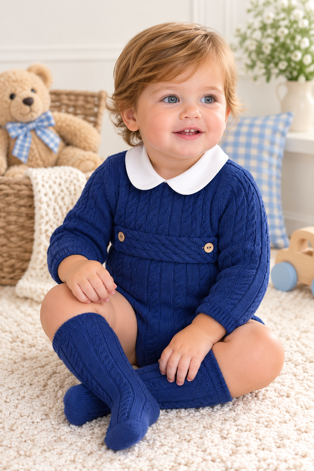 Toddler wearing Rahigo Oxford Blue Boys cable knit romper with matching knee high socks in a soft nursery setting