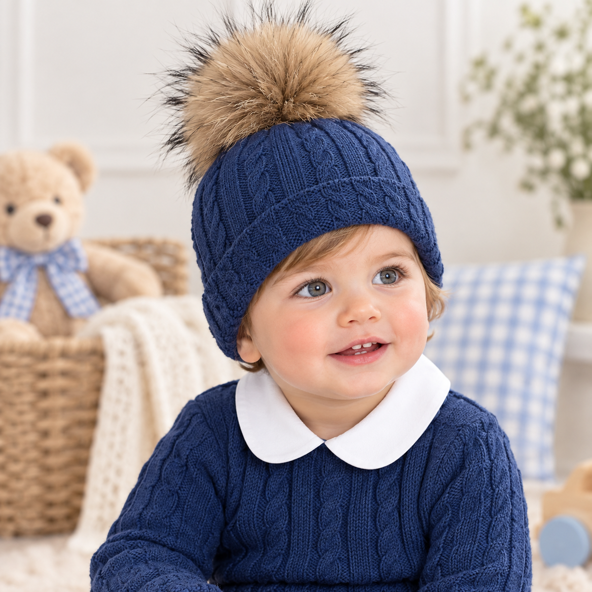 Toddler wearing Rahigo Oxford Blue Boys Fur Pom Pom Hat with matching Oxford blue knitwear in a soft nursery setting