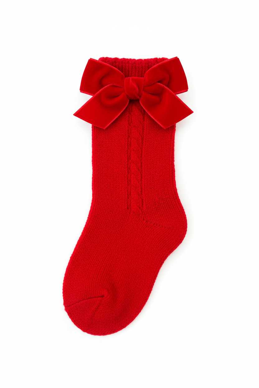 Red cable knit knee-high sock with velvet bow on white background