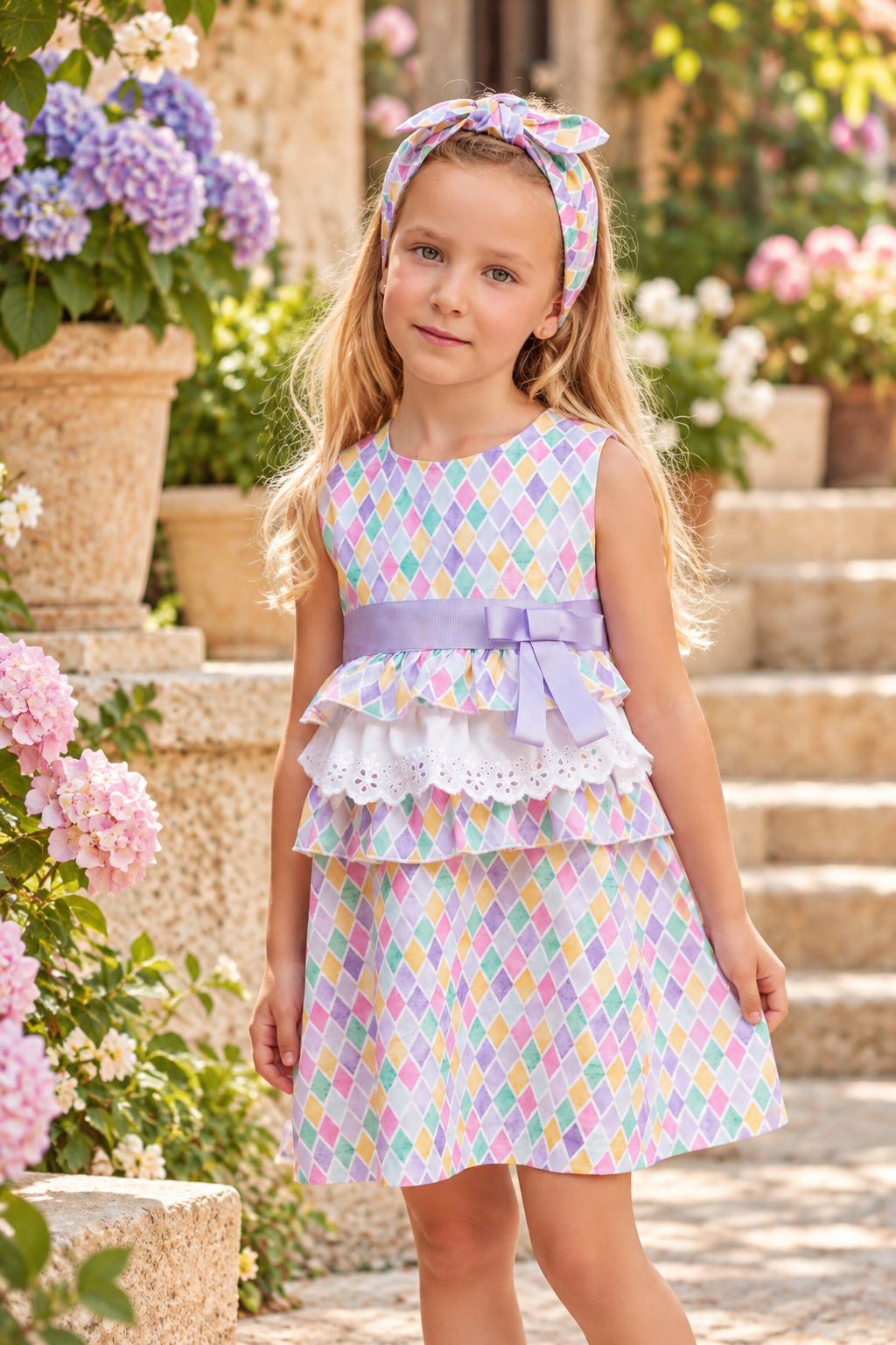 Rochy Diamonds girls pastel diamond print dress with lilac bow and white broderie anglaise peplum, styled in a Spanish garden