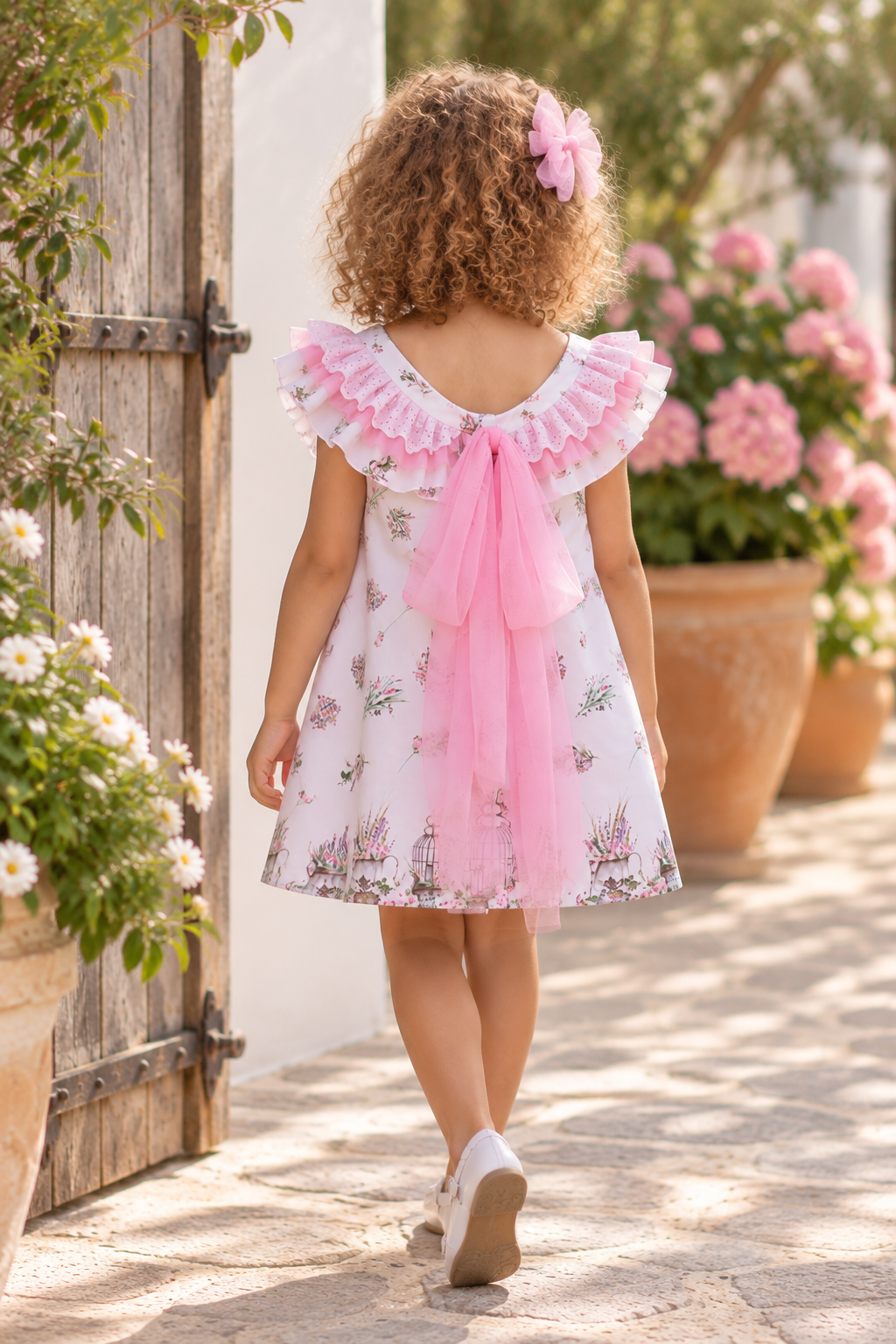 Rochy Laia girls pink floral A-line dress back with pink bow and ruffle detail